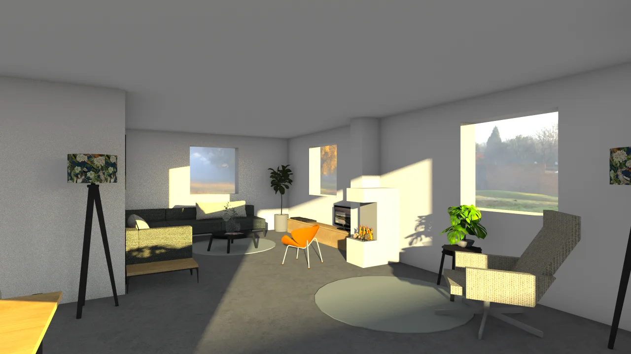3D-render van een volledig ontworpen woonkamer met haard en zithoek